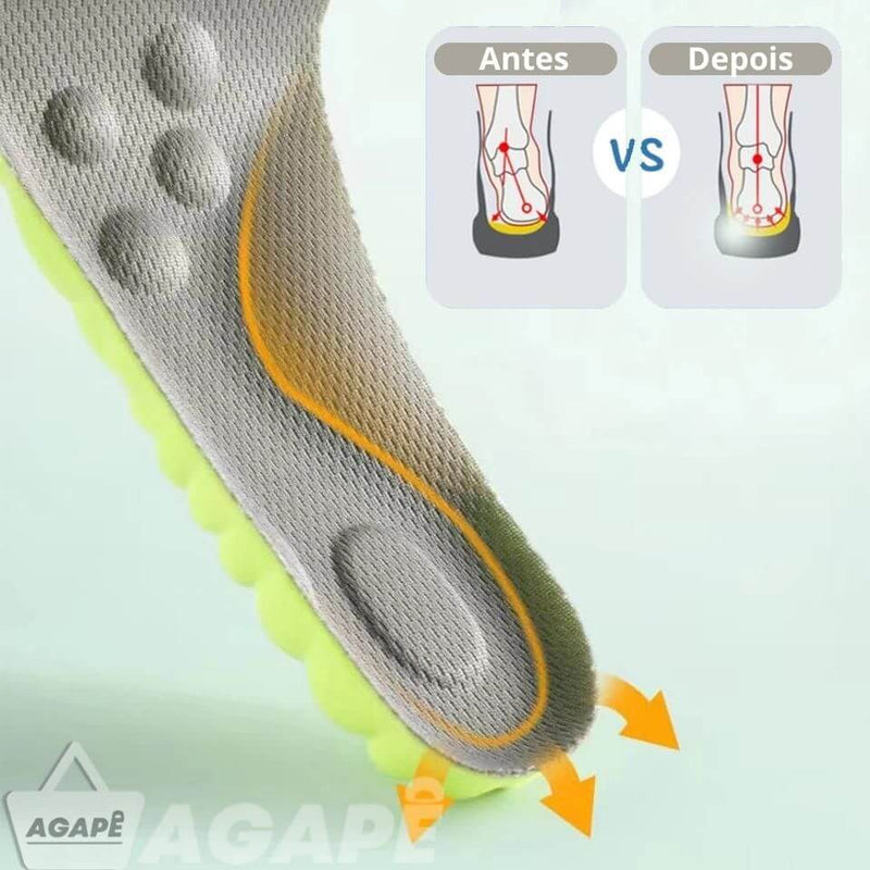 A Palmilha Ortopédica 4D AGAPÊ oferece notáveis benefícios de absorção de choque e anti-impacto, com resultados visíveis antes e depois de seu uso.